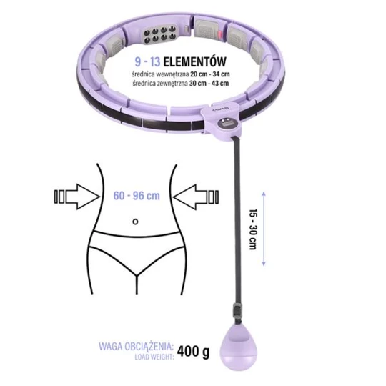 ZESTAW HULA HOP MAGNETYCZNY VIOLET HHM13 Z LICZNIKIEM HMS + PAS WYSZCZUPLAJĄCY BR163 BLACK (17-44-601)