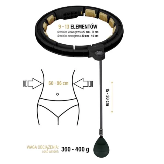 ZESTAW HULA HOP MAGNETYCZNY BLACK/GOLD HHM13 Z LICZNIKIEM HMS + PAS WYSZCZUPLAJĄCY BR163 BLACK (17-44-633)