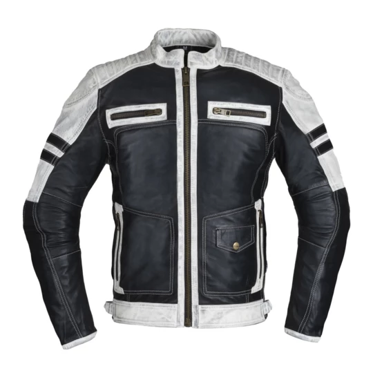 Męska skórzana kurtka motocyklowa W-TEC Esbiker - Kolor black with white stripes, Rozmiar 4XL